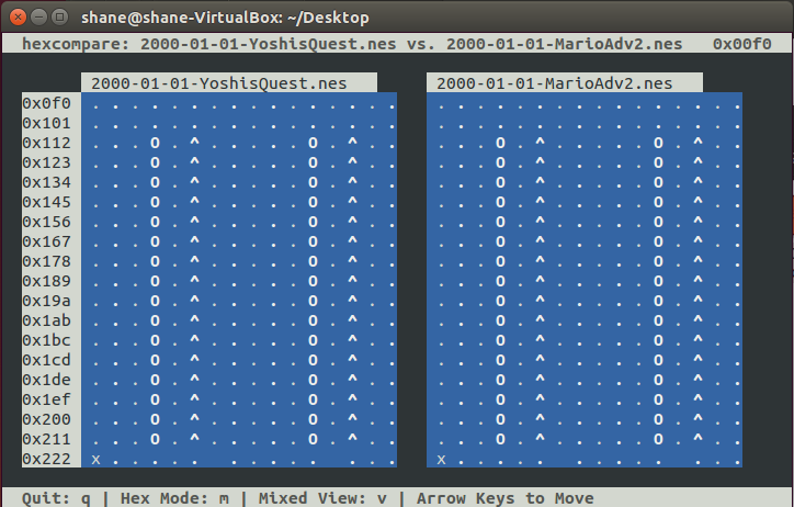 Screenshot: hexcompare comparison of Yoshis Quest and Mario Adventure 2