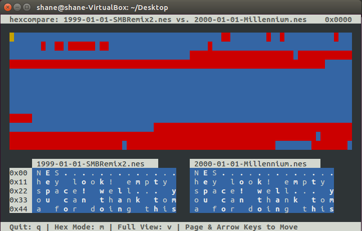 Screenshot: hexcompare comparison of SMBRemix2 and Millennium Mario