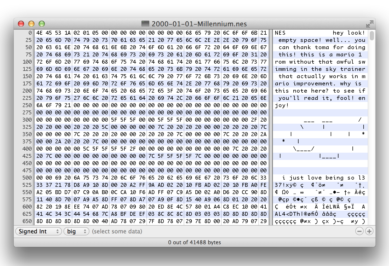 Screenshot: Hexcode of Mario Millennium mod with non-executable comments in ASCII